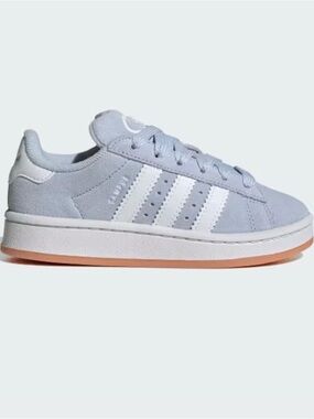 adidas Kids Light Grey Suede Sneakers with White Stripes and Gum Sole